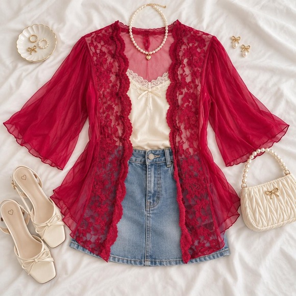 Sweaters - Vintage Red Lace Duster